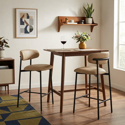 Modern Counter Height Bar Stools with Back, Set of 2, Tan Vegan Leather