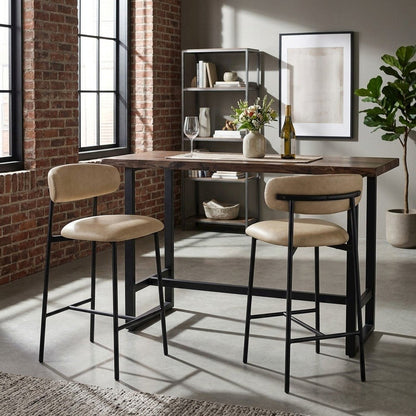 Modern Counter Height Bar Stools with Back, Set of 2, Tan Vegan Leather