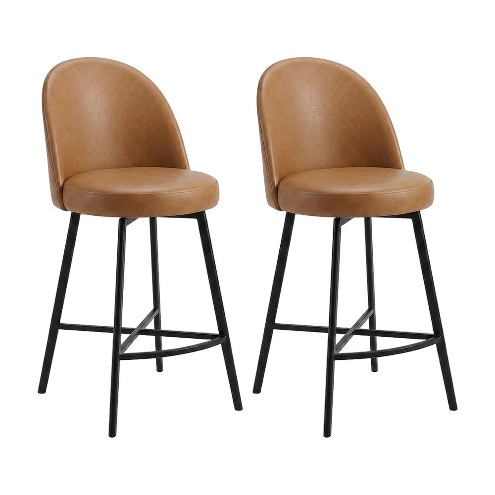 Modern Counter Height Bar Stools with Back, Set of 2, Tan Vegan Leather