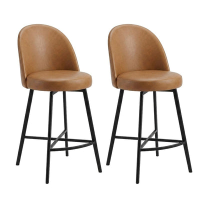 Modern Counter Height Bar Stools with Back, Set of 2, Tan Vegan Leather