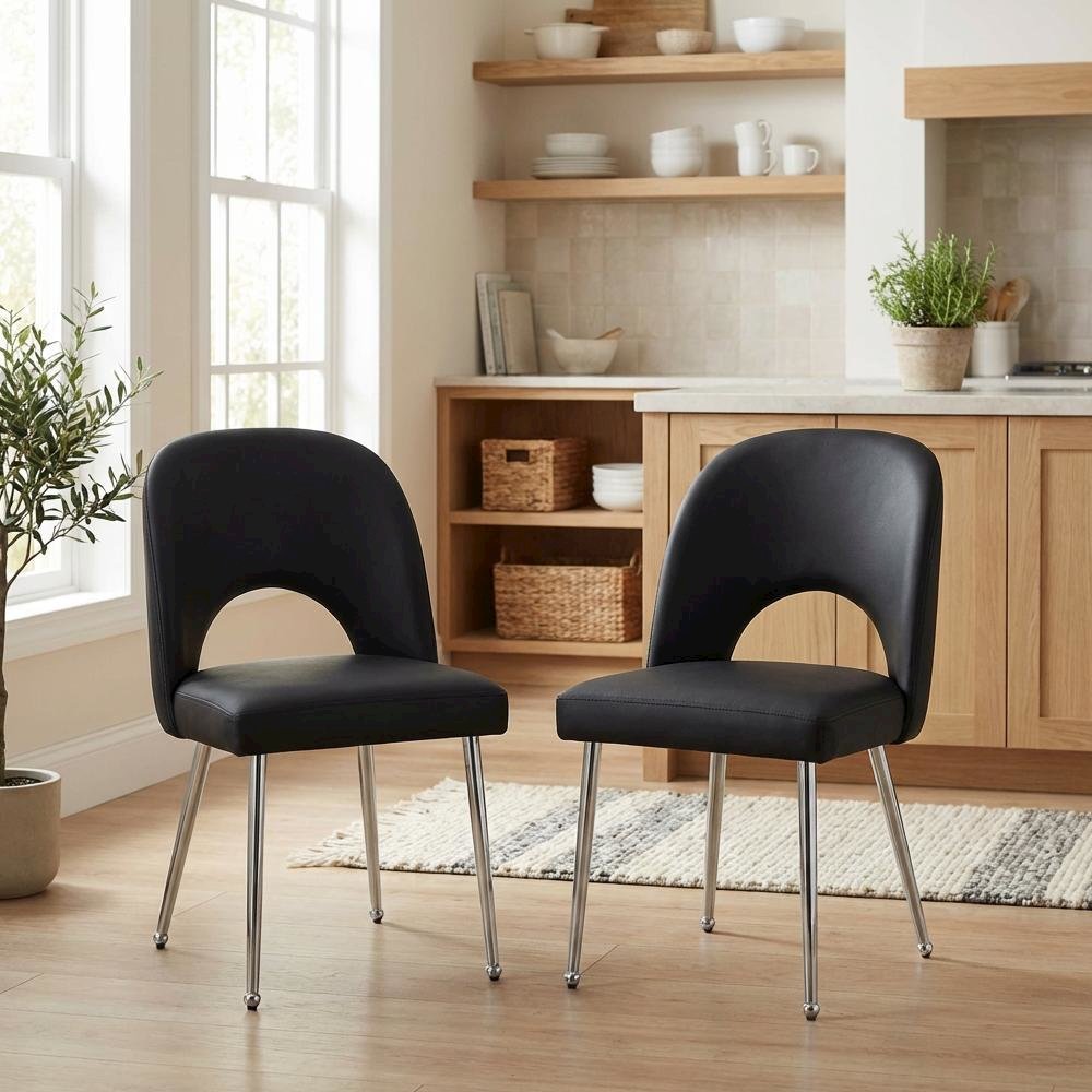 Chrome Vegan Leather Dining Chairs Set of 2 with Contemporary Design
