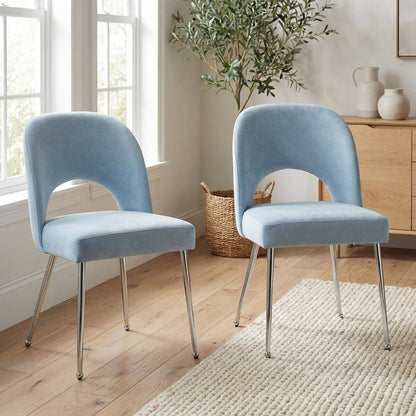 Chrome Light Blue Dining Chair Set of 2 with Vegan Leather Upholstery