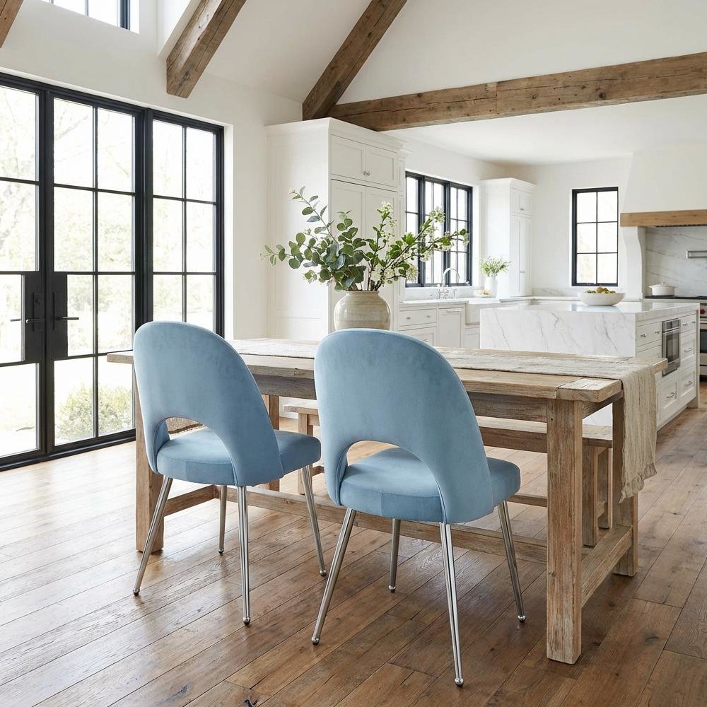 Chrome Light Blue Dining Chair Set of 2 with Vegan Leather Upholstery