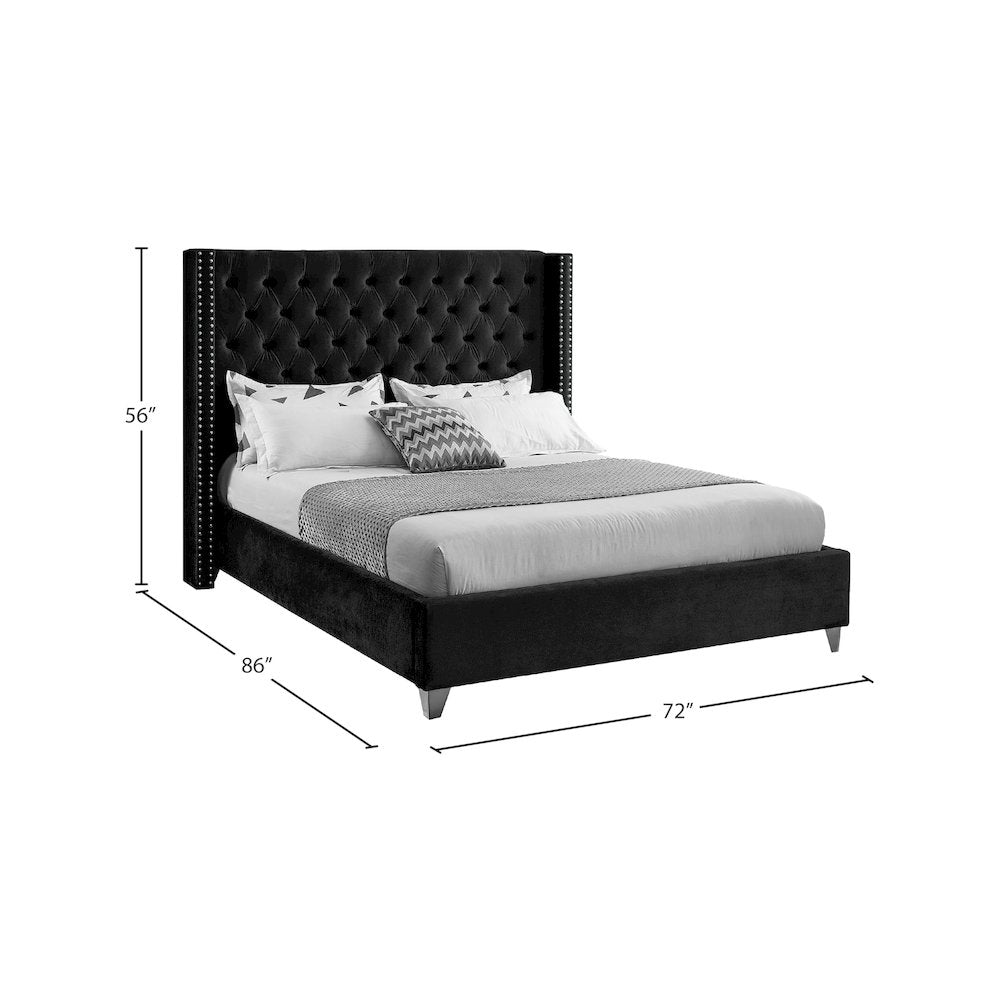 Velvet Queen Platform Bed, Tufted Wingback Headboard and Nailheads, Black Velvet