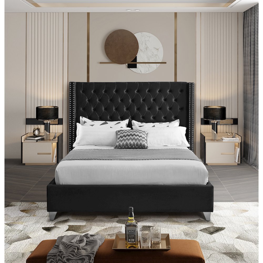 Aiden Black Velvet Queen Bed