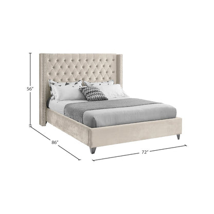 Velvet Queen Platform Bed, Tufted Wingback Headboard and Nailheads, Cream Velvet