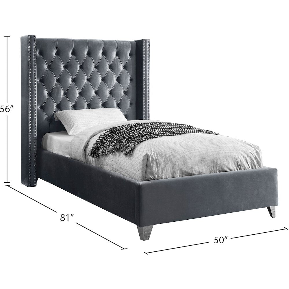 Aiden Grey Velvet Twin Bed