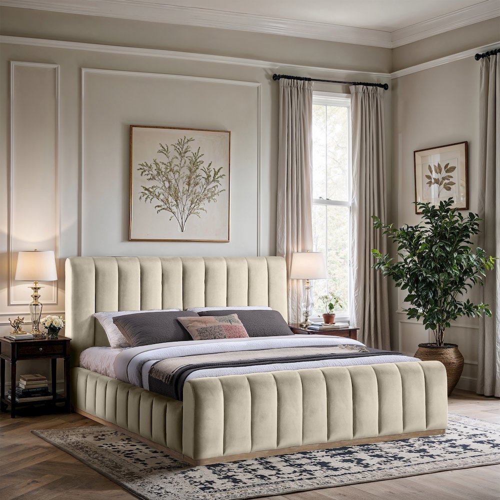 Amara Cream Velvet Upholstered King Bed