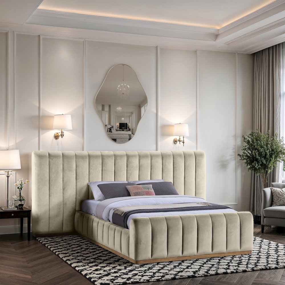 Amara Cream Velvet Upholstered Queen Bed