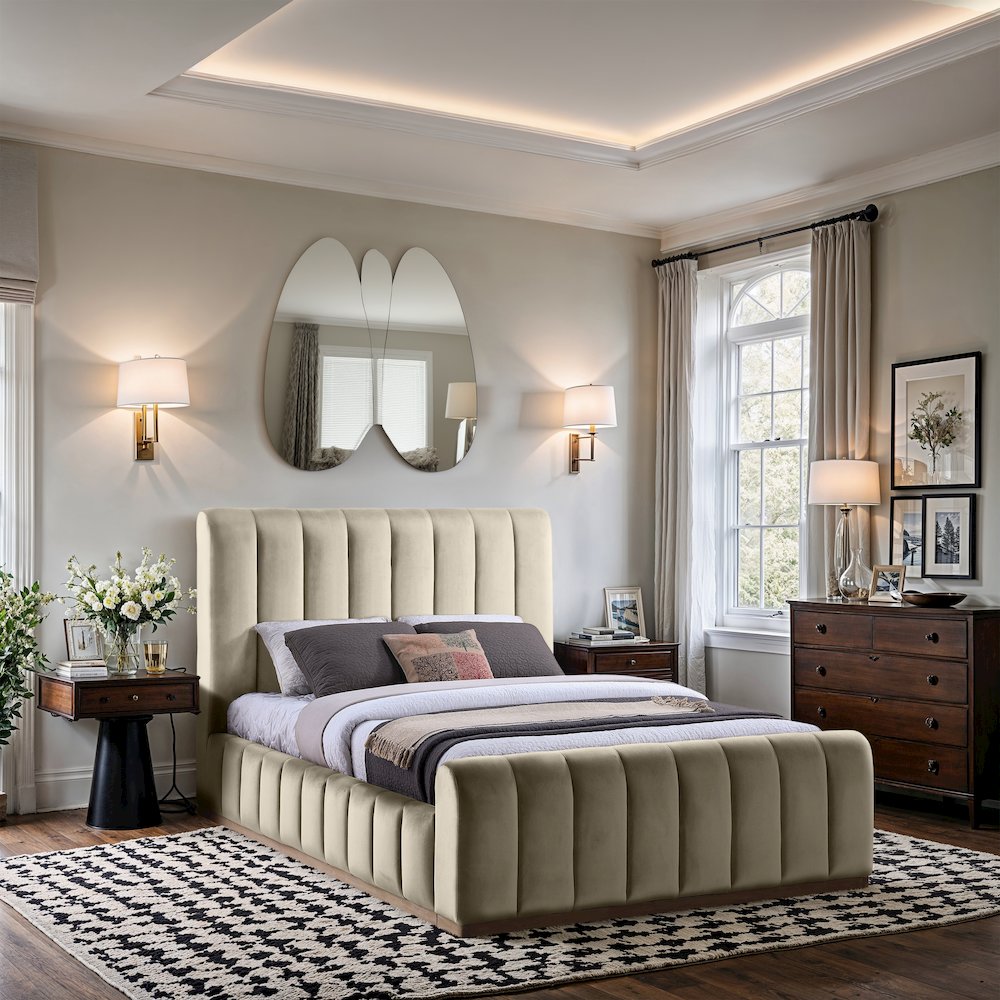 Amara Cream Velvet Upholstered Queen Bed