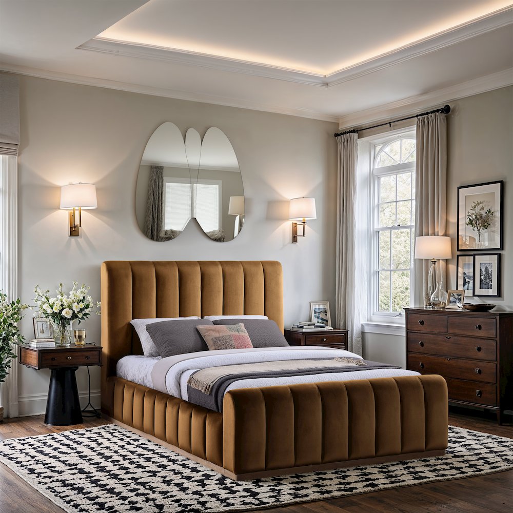 Amara Saddle Velvet Upholstered Queen Bed