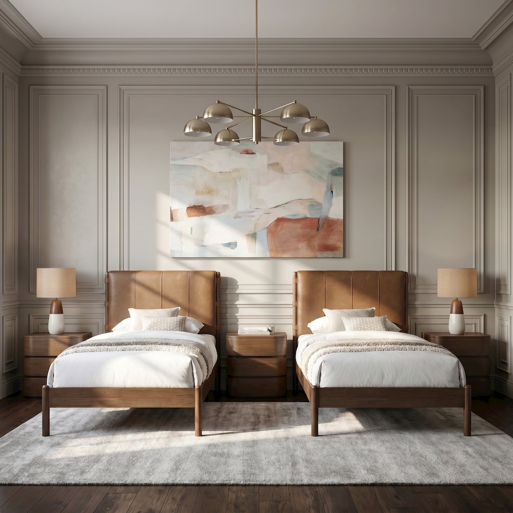 Arielle Cognac Vegan Leather Upholstered Twin Bed (3 Boxes)