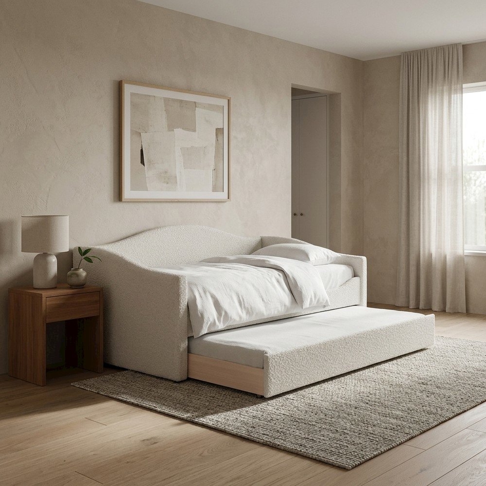 Boucle Fabric Fully Upholstered Twin Daybed with Trundle, Cream Boucle Fabric