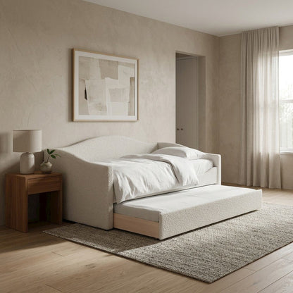 Boucle Fabric Fully Upholstered Twin Daybed with Trundle, Cream Boucle Fabric