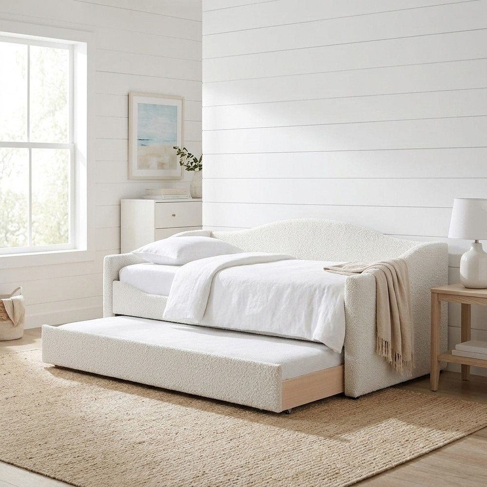 Boucle Fabric Fully Upholstered Twin Daybed with Trundle, Cream Boucle Fabric