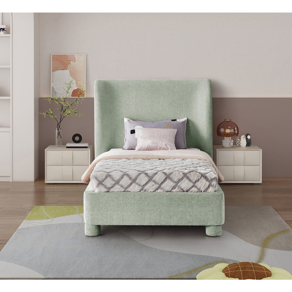 Penny Mint Green Chenille Fabric Twin Bed