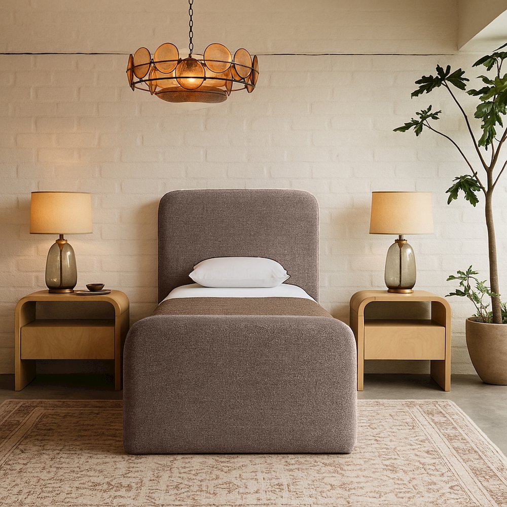 Fira Brown Linen Textured Fabric Upholstered Twin Bed
