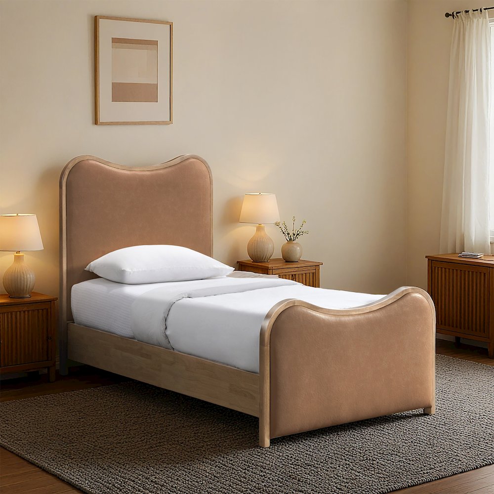 Arvada Cognac Vegan Leather Upholstered Twin Bed (3 Boxes)