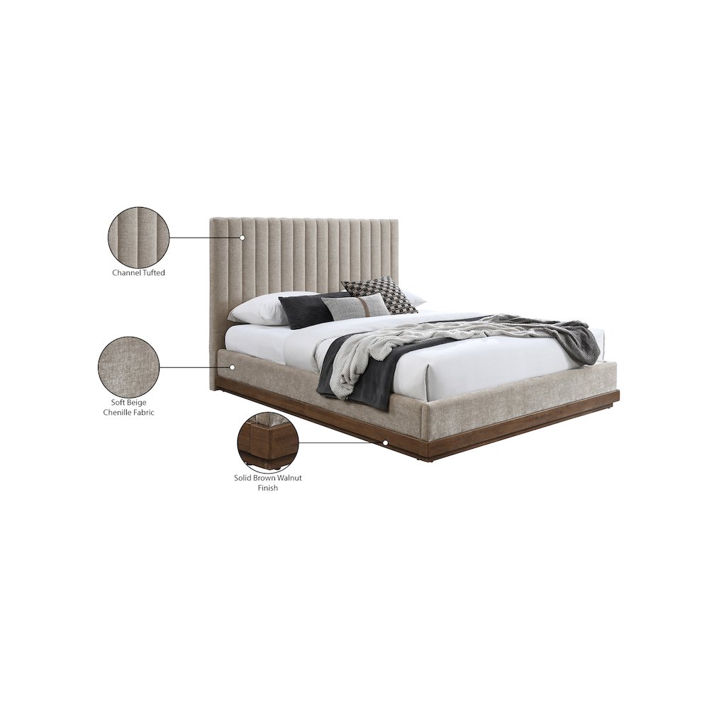 Emmet Beige Chenille Fabric Queen Bed