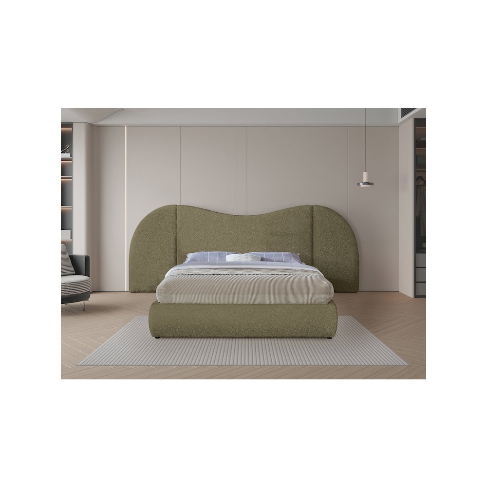Everest Olive Green Boucle Fabric Queen Bed