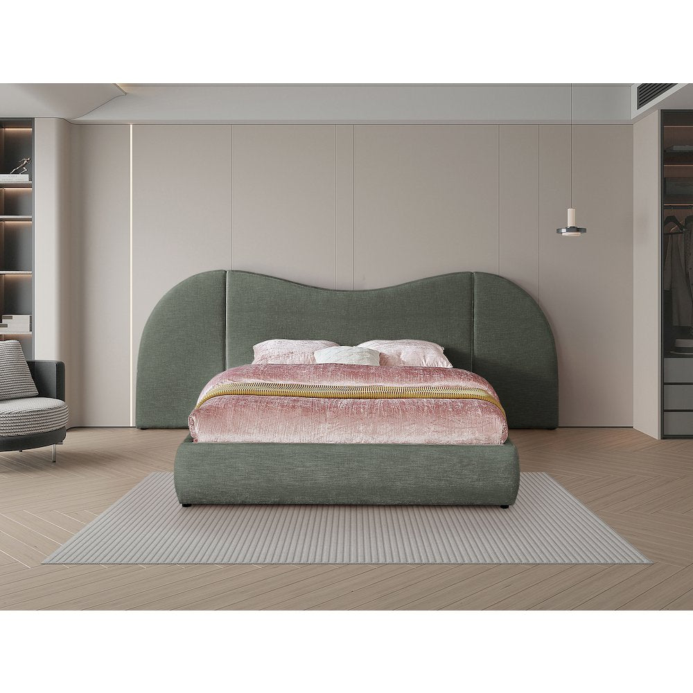 Everest Olive Green Linen Textured Fabric Queen Bed