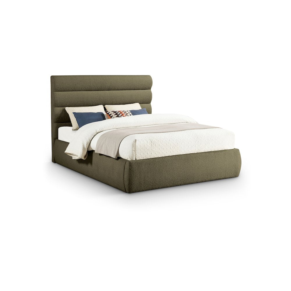 Adam Olive Boucle Fabric Queen Bed