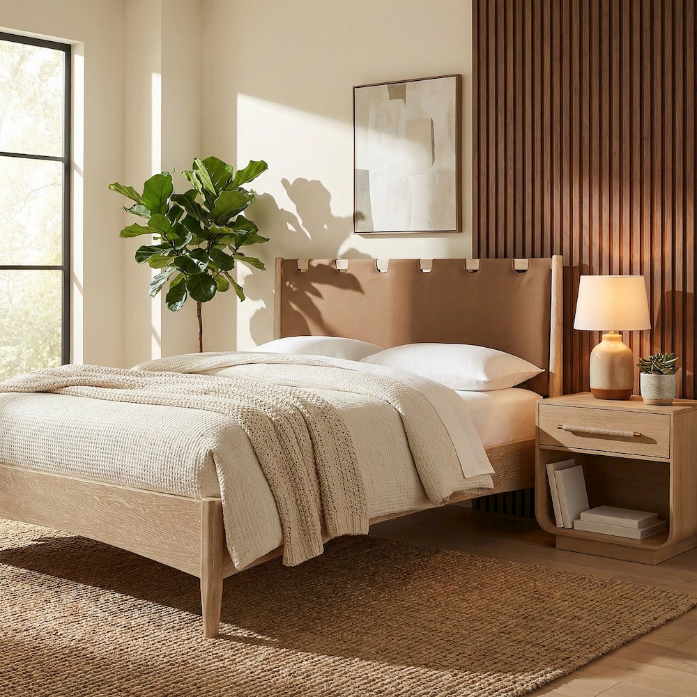 Santos Brown Vegan Leather Headboard And Wood King Bed