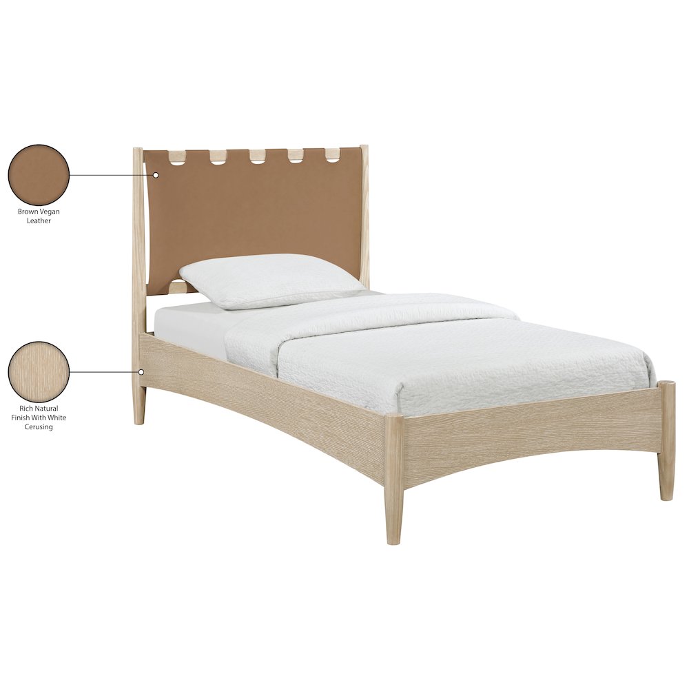 Santos Brown Vegan Leather Headboard And Wood Twin Bed