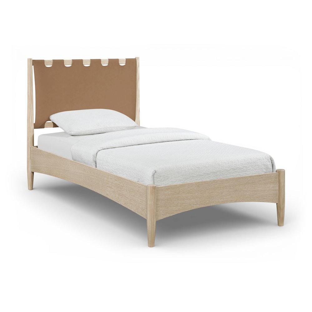 Santos Brown Vegan Leather Headboard And Wood Twin Bed