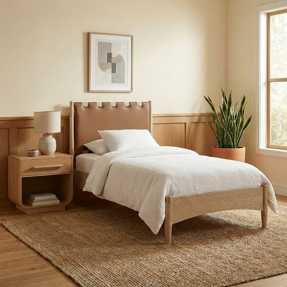 Santos Brown Vegan Leather Headboard And Wood Twin Bed