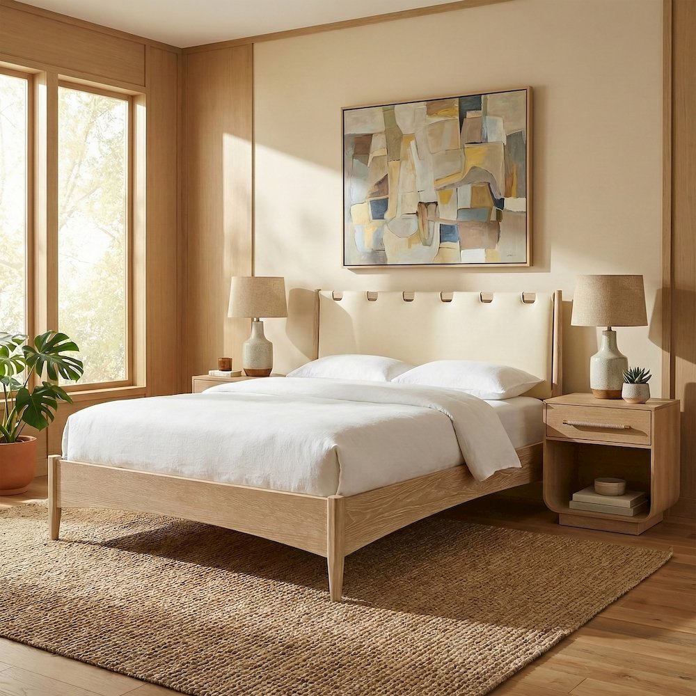 Santos Cream Vegan Leather Headboard And Wood Full Bed