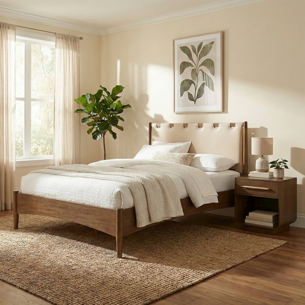 Santos Beige Vegan Leather Headboard And Wood King Bed