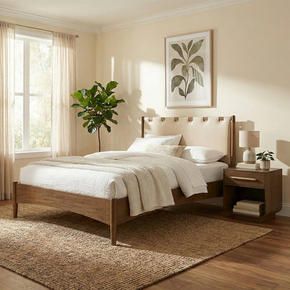 Santos Beige Vegan Leather Headboard And Wood King Bed