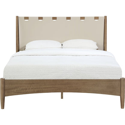 Santos Beige Vegan Leather Headboard And Wood Queen Bed