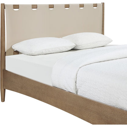 Santos Beige Vegan Leather Headboard And Wood Queen Bed