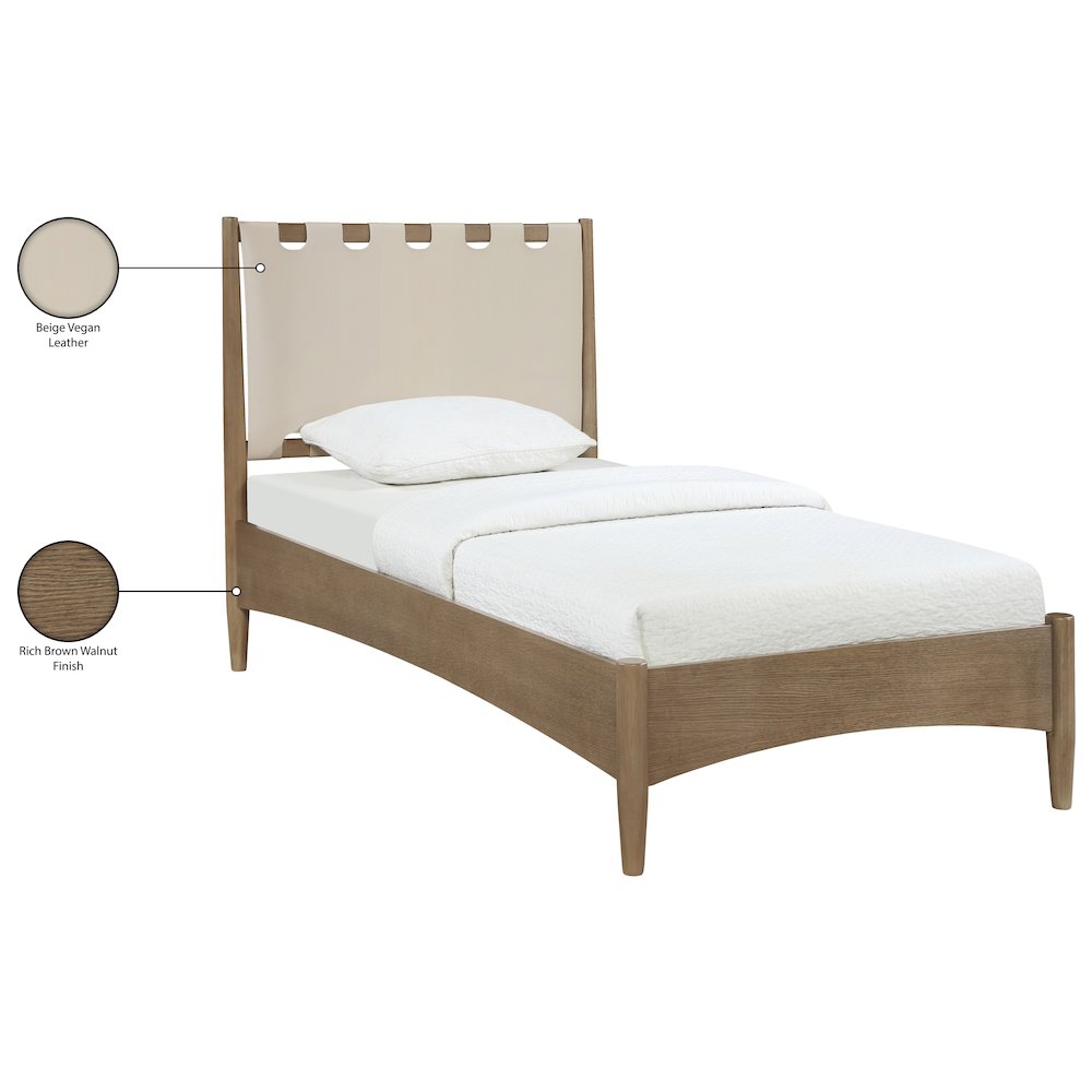 Santos Beige Vegan Leather Headboard And Wood Twin Bed