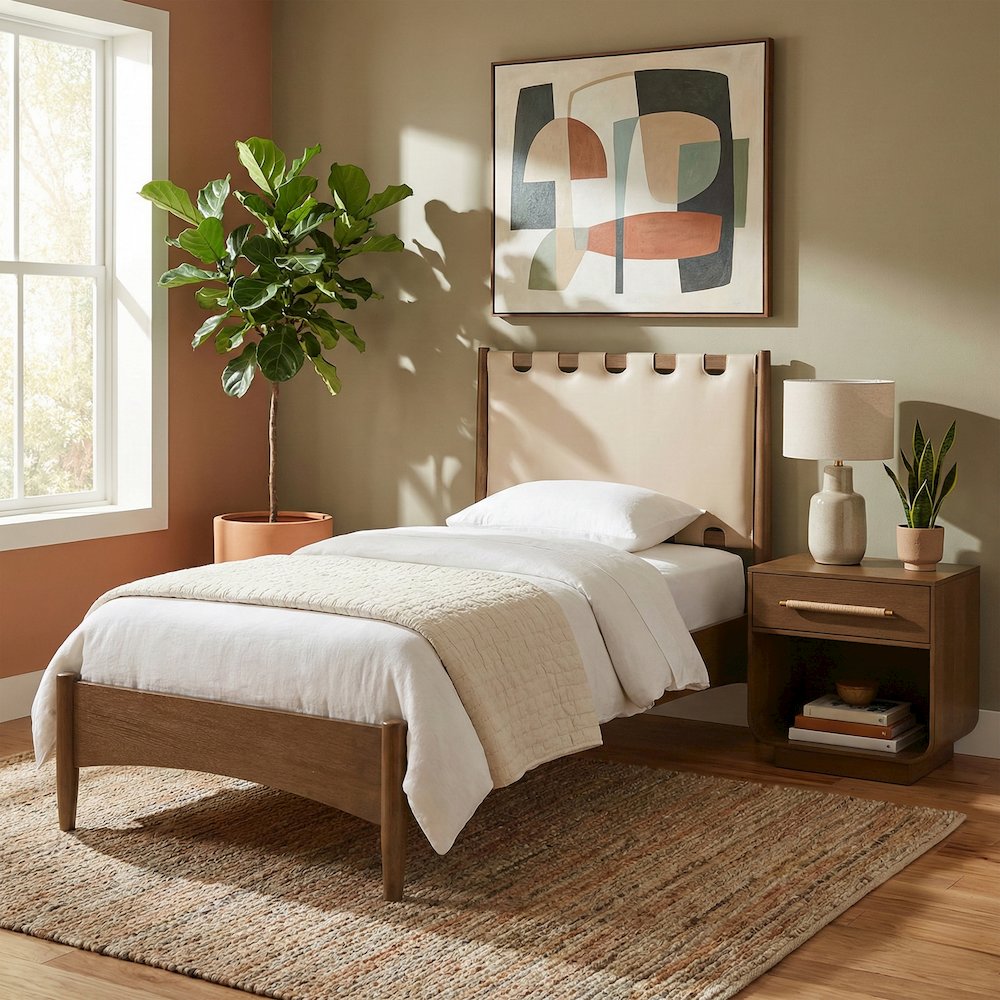 Santos Beige Vegan Leather Headboard And Wood Twin Bed
