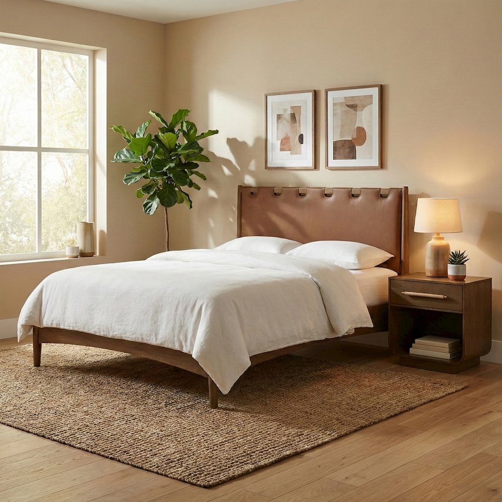 Santos Brown Vegan Leather Headboard And Wood Full Bed
