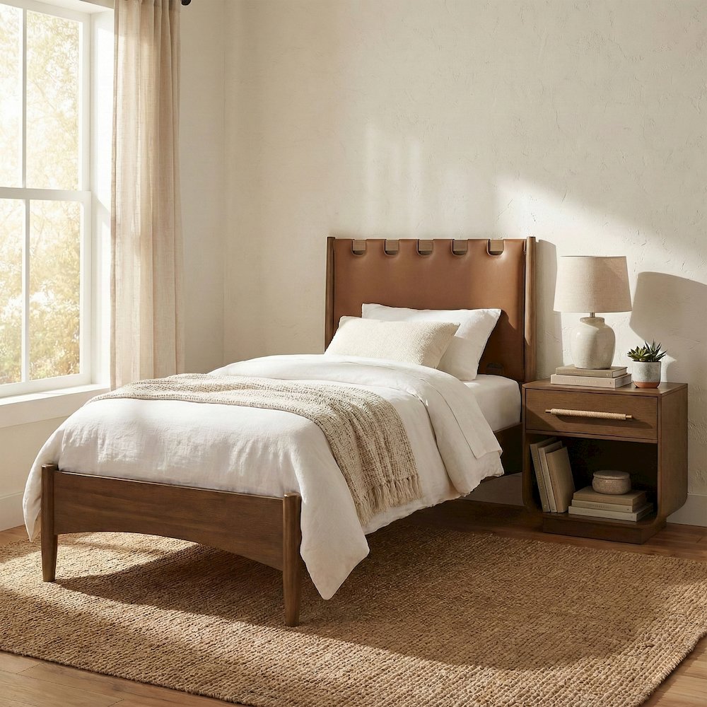 Santos Brown Vegan Leather Headboard And Wood Twin Bed