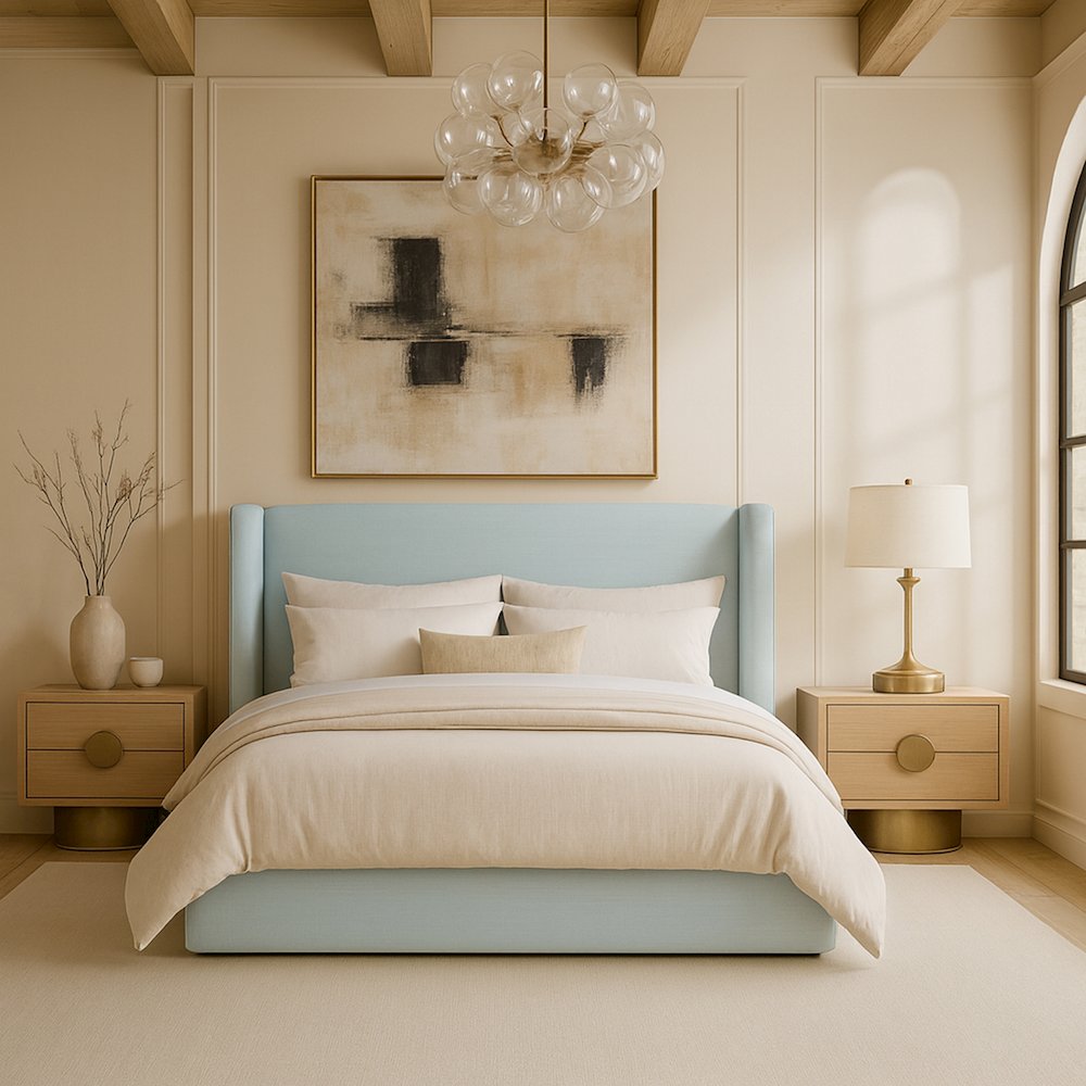 Kendall Light Blue Linen Textured Fabric Upholstered King Bed
