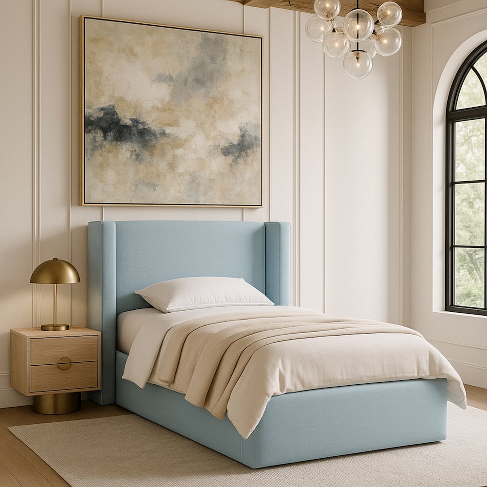 Kendall Light Blue Linen Textured Fabric Upholstered Twin Bed