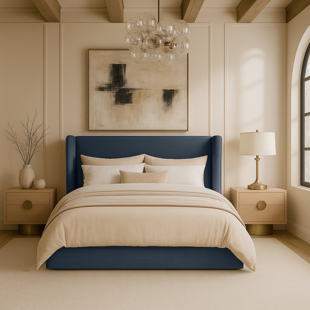 Kendall Navy Linen Textured Fabric Upholstered King Bed