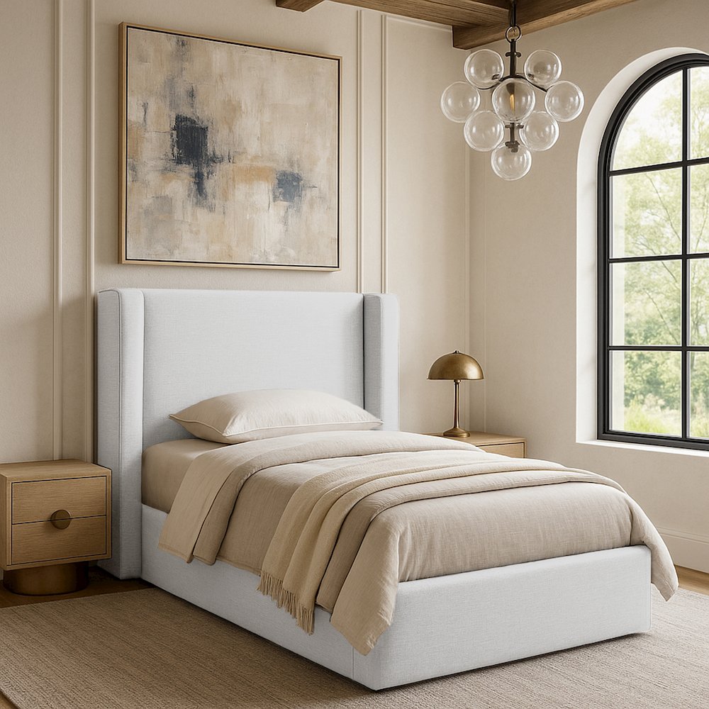 Kendall White Linen Textured Fabric Upholstered Twin Bed