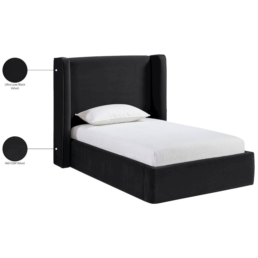 Kendall Black Velvet Upholstered Twin Bed