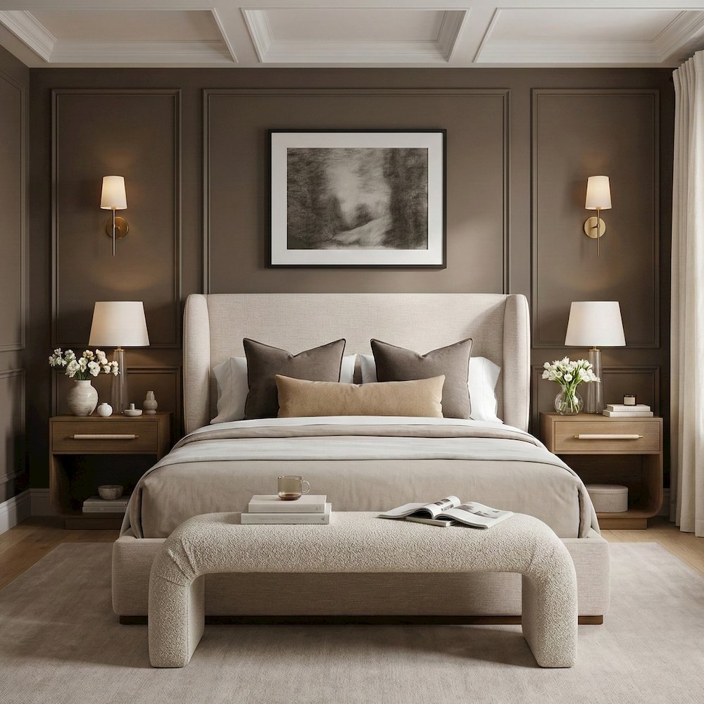 Aurin Beige Linen Textured Fabric Upholstered Full Bed