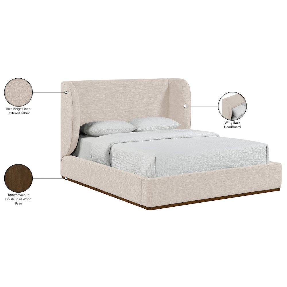 Aurin Beige Linen Textured Fabric Upholstered Queen Bed