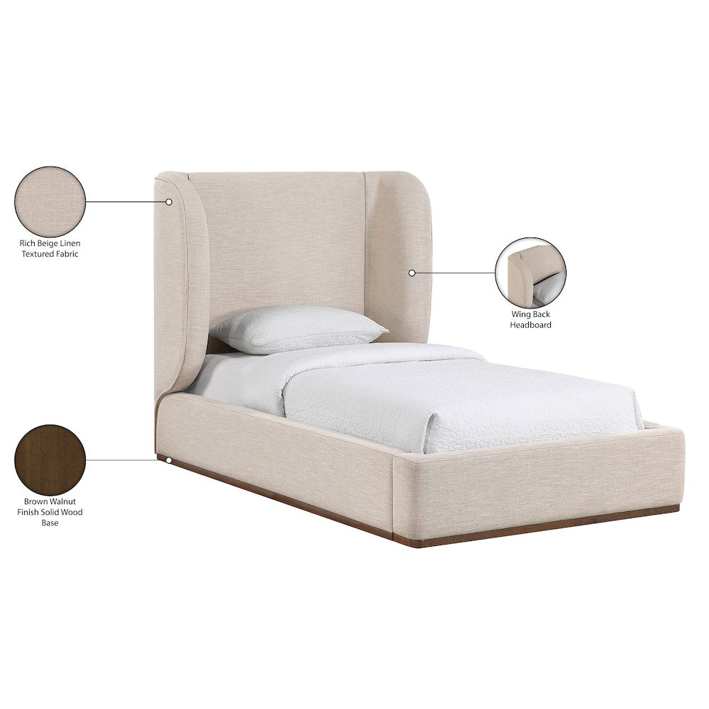 Aurin Beige Linen Textured Fabric Upholstered Twin Bed