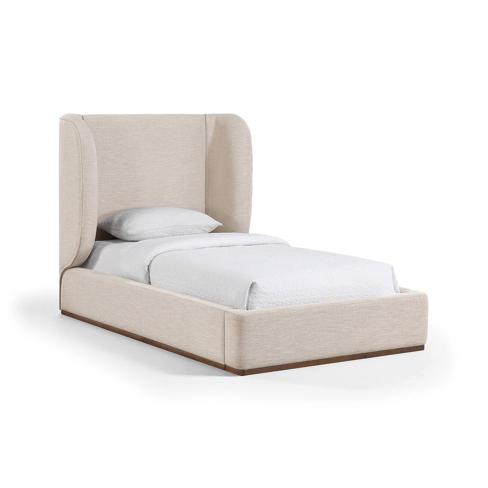 Aurin Beige Linen Textured Fabric Upholstered Twin Bed