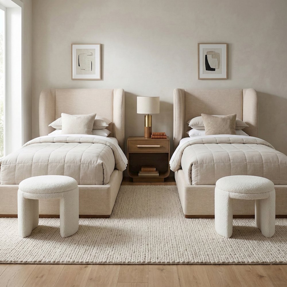Aurin Beige Linen Textured Fabric Upholstered Twin Bed