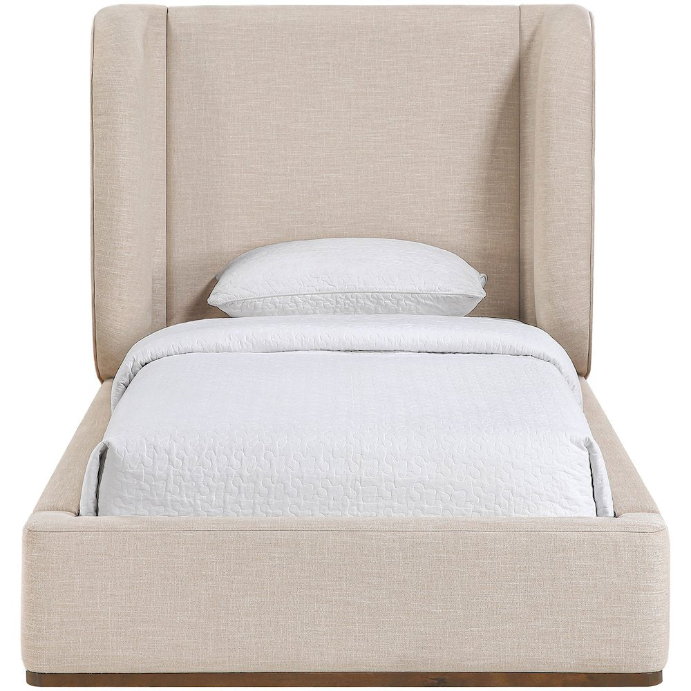 Aurin Beige Linen Textured Fabric Upholstered Twin Bed